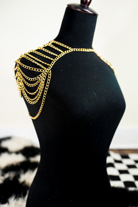Gold shoulder chain harness by Smells Like Crime, Co.