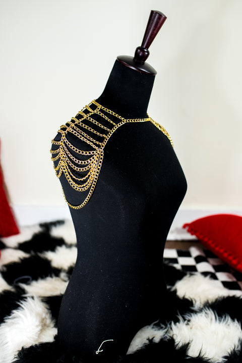 Gold shoulder chain harness by Smells Like Crime, Co.