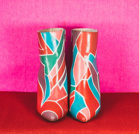 80s inspired, block heel, bowie-style, women's rainbow boots.