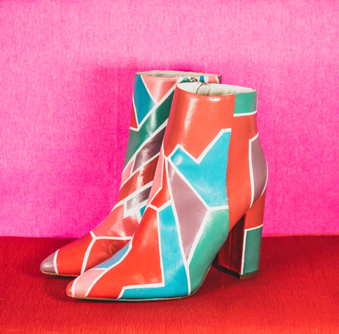 80s inspired, block heel, bowie-style, women's rainbow boots.