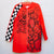 Upcycled red jacket with hand-painted graffiti detail.