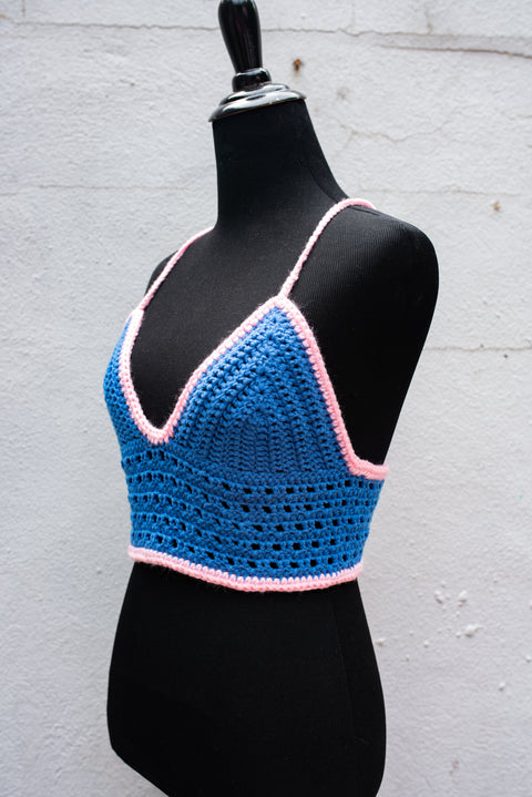 Blue and pink crochet top.