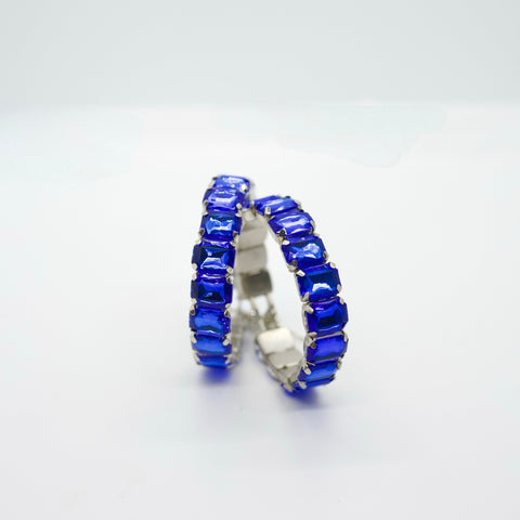 Blue jeweled hoop earrings.