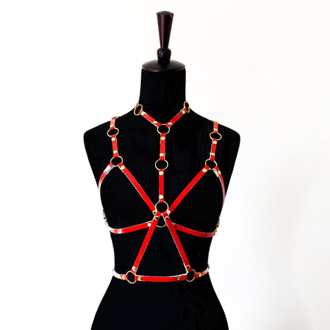 Red vegan leather harness and bralette by Smells Like Crime, Co.