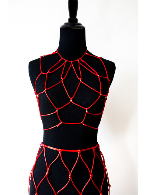 Red corded two-piece outfit by Smells Like Crime, Co.